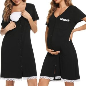 Uniexcosm Maternity Nursing Nightdress, Women's Short Sleeve Nightwear Soft Button Down Nightgown Stripe Sleepwear Maternity Pyjamas Nightshirt