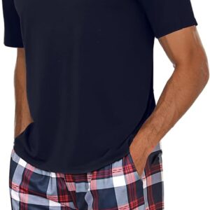 Uniexcosm Mens Pyjamas Set Short Sleeve, Summer Pyjamas for Men Short PJs Sets Top & Plaid Pants with Pockets Men's Nightwear Sleepwear Loungewear Sets for Casual Home