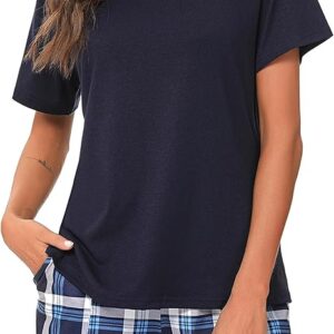 Uniexcosm Pyjamas for Women Round Neck Ladies Pyjamas with Pockets Drawstring Summer Pjs Set Cotton Short Sleeve Nightwear Sleepwear Loungewear