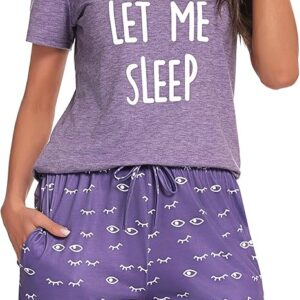 Uniexcosm Women's Pyjama Sets Summer Pyjamas Short Sleeve Cute Printed Top and Pants Ladies Cotton Pyjamas with Pockets Drawstring Pjs Sets Sleepwear Nightwear Loungewear for Women