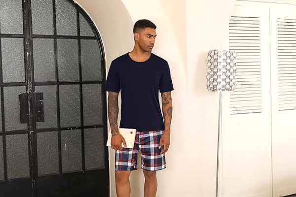 Uniexcosm Mens Short Pyjamas Set Classic Plaid Sleepwear T-Shirt Top with Shorts Bottoms Cotton Pjs Set Loungewear Summer - Image 3